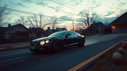 A futuristic Bentley racing through an abandoned suburban neighborhood under a twilight sky