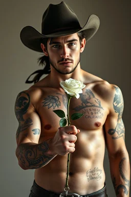 Extremely realistic photo of a young cowboy with tattoos on his chest and hands with nice muscles ,giving you a white Rose , general foul weather, (Rembr Lighting), zeiss lens, ultra realistic, (high detailed skin:1.2), 8k uhd, dslr, Dramatic Rim light, high quality, Fujifilm XT3, artwork in pale distressed tones , minimalistic approach, blends old world aesthetics art with elements of distressed painting and illustration, shadow play, high conceptuality, palette inspired by Charlene Mc Nall