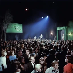 [colour high res photo: Night of the Living Dead (1968) by Romero n the eerie glow of a dimly lit comedy club, the stage was set for a performance unlike any other. The audience, a mix of the living and the undead, eagerly awaited the arrival of the stand-up artist who had risen from the grave to deliver his twisted brand of humor. As the spotlight flickered to life, revealing a figure clad in tattered clothes and sporting a ghostly pallor, the crowd erupted in a mix of laughter and nervous an
