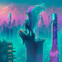 A mermaid perched atop a skyscraper, looking out at the towering neon buildings that jut out of the polluted, smog-filled horizon.