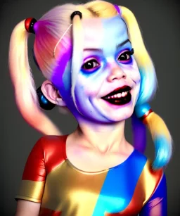 Harley quinn toddler, full body, soft skin, dramatic lighting, hyper realistic