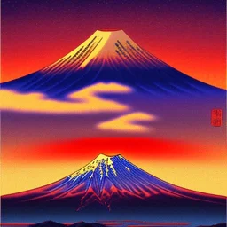 Ukiyo-e painting of a mount fuji at sunset