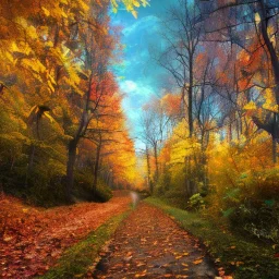 fall forest walkway fallen tree leaves , very beautiful environment and sky