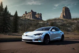 A Tesla 'Model Y' is parked, near the 'Devils Tower' in Wyoming. (CINEMATIC, WIDE ANGLE LENS, PHOTO REAL)