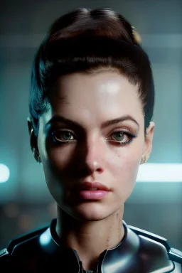 Ultra Realistic sci-fi scene, portrait, brunette woman, sweet Ava garner face, perfect iris, glow eyes, makeup. Aliens background, Retro sci-fi style, helmet, tight latex coat, fog, rain, soft color, highly detailed, unreal engine 5, ray tracing, RTX, lumen lighting, ultra detail, volumetric lighting, 3d, finely drawn, high definition, high resolution.