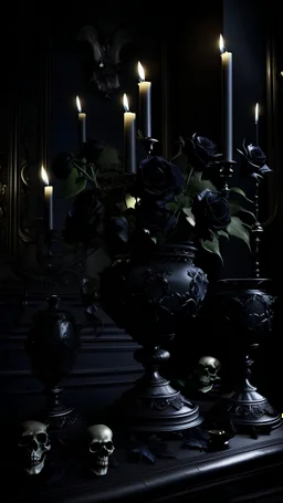 Gothic style setting of black roses, exquisite vase, dark fantasy, beautifully colored, beautifully lit, candles