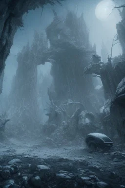 A spooky wasteland, 8k, bas-relief, extraterrestrial, eerie, jagged rocks, peaceful, cinematic 4d, sci-fi