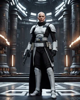 a bold and heroic bald male Corellian pilot in black and metallic grey First Order special forces gear meets a female Jedi Master in ancient, mystical temple, hyperdetailed, dynamic lighting, hyperdetailed background, 8k resolution, volumetric lighting, light skin, fully symmetric details