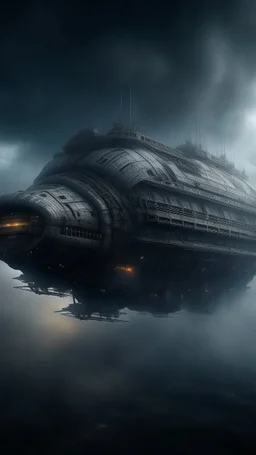 ,surrealism of the dark of a nightmare , hyper photorealistic, hyper detailed dark art color, high resolution, fog, octane render, tilt shift, HDRI Environment, all pictures dark gray, a cigar shape spaceship hovering in the sky