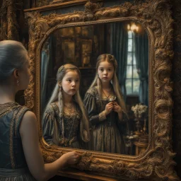 Young Girl looks into a mirror where an old crone is reflected, 4k, hyperdetailed, Kaori Yuki and Michael Cheval style, intricate details, HDR, beautifully shot, hyperrealistic, sharp focus, 64 megapixels, perfect composition, high contrast, cinematic, atmospheric, moody