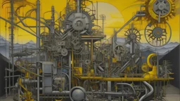 A surrealist painting depicts a complex, industrial-looking structure with various mechanical components and human bodies and faces integrated into the design. The color palette is dominated by shades of gray and yellow, with a gradient in the background suggesting a sunset or sunrise. The structure is composed of pipes, metal plates, and various mechanical parts, arranged in a seemingly chaotic yet deliberate manner. Several human bodies and faces with varying expressions are embedded in the st