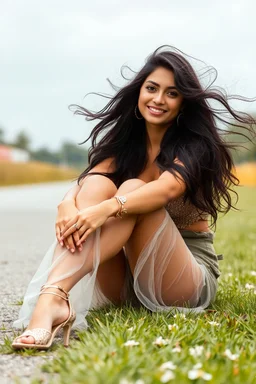 A stunningly ethereal indian woman with cascading, tousled hair, captivating eyes, and a lovely smile sits gracefully on a grassy pavement. She is dressed in exquisite designer attire and shoes that perfectly complement her glowing skin. The windy weather adds a dynamic element to the scene, enhancing the fashion photograph's sense of movement and glamour. Each detail in the image exudes sophistication and elegance, creating a visual masterpiece that is both captivating and alluring.