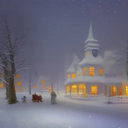 English villige in winter snow at night by thomas kinkade