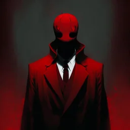 a sinister faceless figure wearing a red suit and a priest's collar with no face and dirty slicked back hair