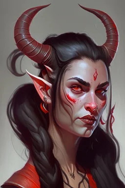 Portrait of a young and beautiful female Tiefling bard with red skin, two horns emerging from her forehead and long black hair with sidebangs and a ponytail.