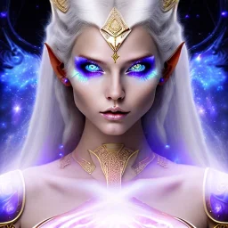 cosmic mage, elf, female, battle mage, epic, cosmic magic, long ears, white hair, face details, pale skin, jewellery, broad shoulders, glowing eyes, sharp ears, cosmic clothes, bright eyes, cosmic eyes, ears shown, light out of eyes, less realistic