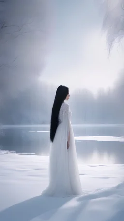 A girl with long black hair wearing a white dress. stands in front of Swan Lake surrounded by snow.cinematic