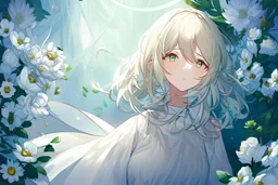 A highly detailed digital painting of an innocent women with light green hair and light green eyes, white flowers in her hair, a beautifully detailed white dress with light green edges, the artworks conveys purity and sweetness, the girl has slightly downturned eyes and seems to be curious about something