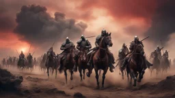 Hyper Realistic Photographic-view of a prehistoric-war-sequence with soldiers-wearing-armors-&-prehistoric-weapons riding on horses & fighting with dusty-environment with red-cloudy-sky showing dramatic & cinematic ambiance