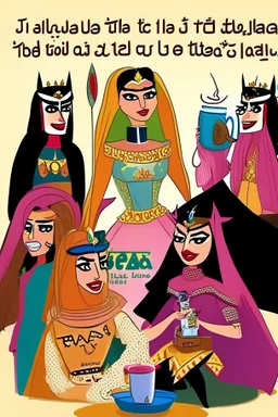 One day, Queen Batool was having a good time with her special team that was called "The Tea Council". Her team included: - Rayouf, the brave princess and the leader of the tribe - A talented writer who writes amazing stories - A real Barbie doll that talks and moves - Jim Carrey, the star of comedy and satire - Donald Trump, the former US president and the controversial figure They met in a spacious room decorated with large windows that allow sunlight to enter, bright colors, green plants, mode