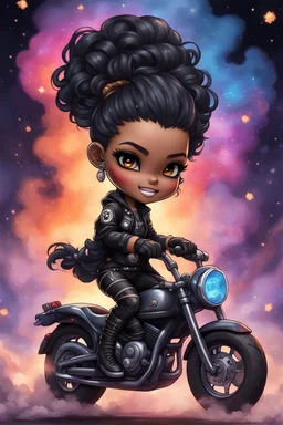 Create a galaxy art illustration of a chibi cartoon full figure black female riding a sports motorcycle. She is wearing tie dye and black tights with biker boots. Prominent make up with log lashes and hazel eyes. Extremely highly detailed black shiny wavy hair up in a messy bun. Background of smoke surrounding her and the bike and she's at a bike show.