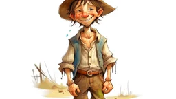 fantasy illustration of a cute but very poor country boy. He is 10 years old ,his clothes are torn, but he looks happy.