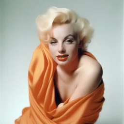 A photograph of childish marilyn monroe, looking upwards, hand on heart, with spiky hair, no make up, in the style of milton greene, a pale orange silk scarf around her shoulders, white bacground
