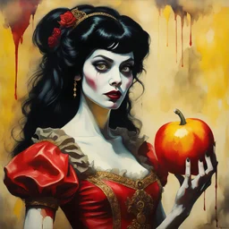 a Hideous, horrifying, frightening black-haired female Zombie Snow White, wearing a red leather sling suit with a gold/yellow bat emblem on the waist, dark, multicolored watercolor stained wall in the background, oil painting in the art style of Frank Frazetta, 32k UHD, Hyper realistic, photorealistic, realistic, sharp, highly detailed, professional quality, beautiful, awesome, majestic, superb, trending on artstation