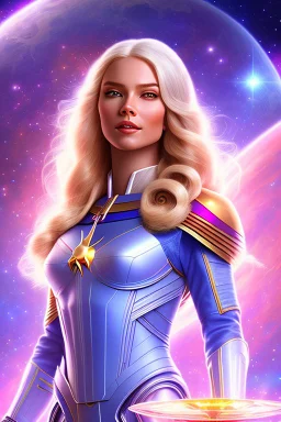 cosmic young woman from the future, one fine whole face, large cosmic forehead, crystalline skin, expressive blue eyes, blue hair, smiling lips, very nice smile, costume pleiadian,rainbow ufo Beautiful tall pleiadian Galactic commander, ship, perfect datailed golden galactic suit, high rank, long purple hair, hand whit five perfect detailed finger, amazing big green eyes, smilling mouth, high drfinition lips, cosmic happiness, bright colors, blue, pink, gold, jewels, realistic, real