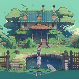 A studio ghibli kinda big house with garden, fence, water well, snake, girl wearing uniform, landscape, pixelart