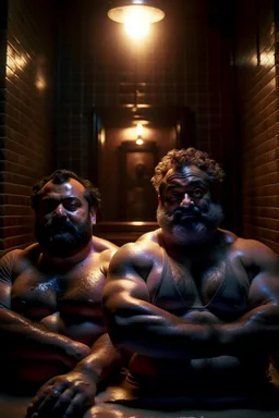 full body shot photography, two muscular chubby ugly burly marocan men , sweat, bulge, masculine hairy 43 year old man, curly hair, manly chest, curly beard ,big shoulders, big arms, big legs, bulge,, ambient occlusion , lying down sleeping in a steamy Sauna, super high resolution, 8k, dim light, side light, ultra hyper realistic, frontal view