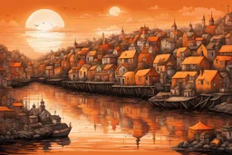 whimsical fishing village made up of entirely orange color, Orange Monochrome color scheme, hyperdetailed orange ink illustration reminiscent of Alexander Jansson, variant orange hues creating contrast between the orange houses lined up on shore, orange sun casting its orange concentric rings onto the village and reflecting off the water, incredible contrast, different contrasting textures, orange sky, orange water, smooth, reflective, rhymes with orange.