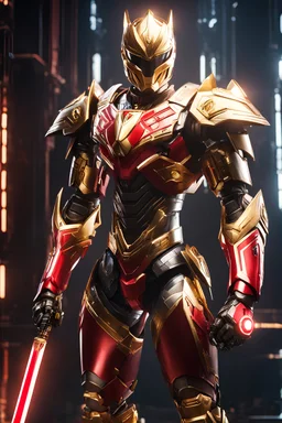 Power Ranger mechanical robo warrior character, anthropomorphic figure, wearing futuristic mecha warrior armor and weapons, reflection mapping, realistic figure, hyperdetailed, cinematic lighting photography, 32k uhd with a golden staff, red lighting on suit