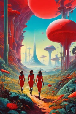 Amazing landscape of Roger Dean style futuristic multi-color organic forms. Girls in cute red translucent revealing uniforms hunt giant alien insects amidst a scenery of fields of exotic fauna and flora. Tube city and their male counterparts in the background .