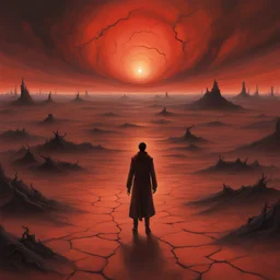 a desolate landscape with cracked earth and fiery red skies, reminiscent of the infernal realm. In the center lies a human figure, their form obscured by shadows and smoke, hinting at their demise. Instead of explicit rotting, perhaps there could be subtle details like tattered clothing or a sense of decay in the surroundings, implying the passage of time and the harsh environment of Hell