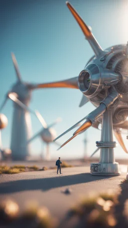 alien janitor operating futuristic wind turbine,bokeh like f/0.8, tilt-shift lens 8k, high detail, smooth render, down-light, unreal engine, prize winning