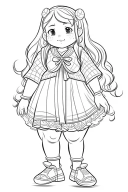 Outline art for coloring page OF FULL BODY OF A CHUBBY PERUVIAN BLONDE GIRL, coloring page, white background, Sketch style, only use outline, clean line art, white background, no shadows, no shading, no color, clear