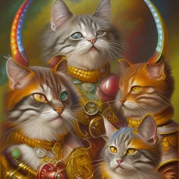 prompt, Fantasy harlequin cats by Louis Wain, by Catherine Abel, by Gediminas Pranckevicius, fantasy, oil on canvas, beautiful, high details, ultra detailed, crisp quality, colourful, high definition