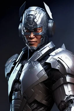 Cyborg armor with helmet on head serious face