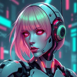 a cyberpunk female android robot, bright hair, futuristic, dystopia, stylised, digital art