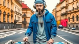 short beard man with cap, DJ play records, color sky background,at middle of old city street background, full body