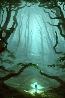 A teenage boy standing in the middle of the forest with wide eyes found a magic stone that glowed bright blue among the shady trees