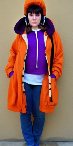 Brunette.thick thighs,thick calves,flat belly,curvy fell. big head. Mantle is sewed of upcycled Denim and sewed together of camouflage pieces. Pieces' color are orange, cream and purple. It is with big bright purple felt tippet and cream-colored-hood. mantle is merged with satchel. . Big AKG-style headphones (gold rings!) is merged with small felt cap with small visor. Style: Haute Couture in 1910's, N.Y.C fashion in 1996, inspired by street art 2023 Paris