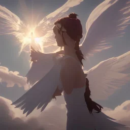 White Angel in Front of the Sun spreading Wings in the sky Clouds