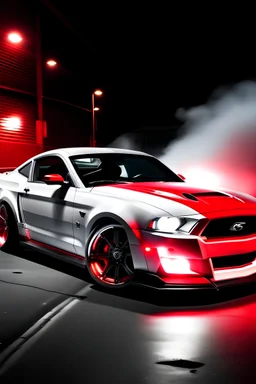 white modern mustang 2008 with red stripe down the center of hood with lots of smoke at night with red underglow