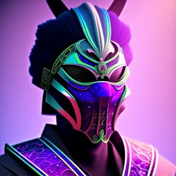 samurai purple masked villain in galaxy, teal and purple smoke, detailed, realistic, 4k