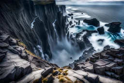 This mesmerizing ocean cliff scene captures the dramatic power and beauty of nature. Towering rugged cliffs stand majestically against the vast expanse of the ocean, where the water pours into a singular bottomless pit. The cliffs, with their sharp and jagged edges, create a stark contrast to the rough, flowing water, making the scene even more captivating. Sunlight pierces through the mist rising from the waterfalls, creating a magical, ethereal atmosphere