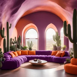a photo of a gorgeous bohemian soft cave like interior with high ceilings and purple puffy sofa, round shapes, soft orange colors, bright interior, cactus plant, sunlight beams --ar 1:1