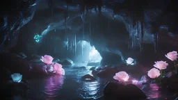 Photoreal dark underground wet cave with neon brightly neon glowing neon white neon glass neon roses with an overall neon glow aura through the cave in the style of fantasy movies, photorealistic, shot on Hasselblad h6d-400c, zeiss prime lens, bokeh like f/0.8, tilt-shift lens 8k, high detail, smooth render, unreal engine 5, cinema 4d, HDR, dust effect, vivid colors