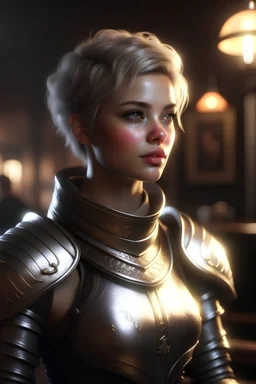 portrait of a beautiful female paladin, short messy ashen hair, pale eyes, dressed in a revealing ornamented light plate armor, standing in a tavern, realistic dim lighting, pale skin, petite, cinematic lighting, highly detailed face, very high resolution, holy